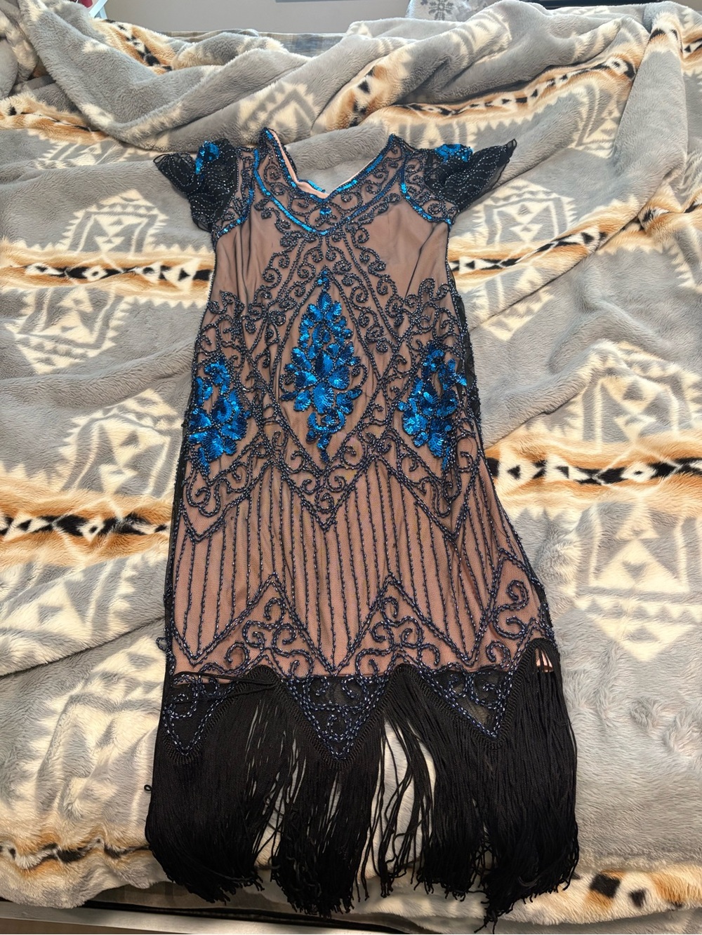Black Fringe Midi Dress with Blue Sequin Embellishment